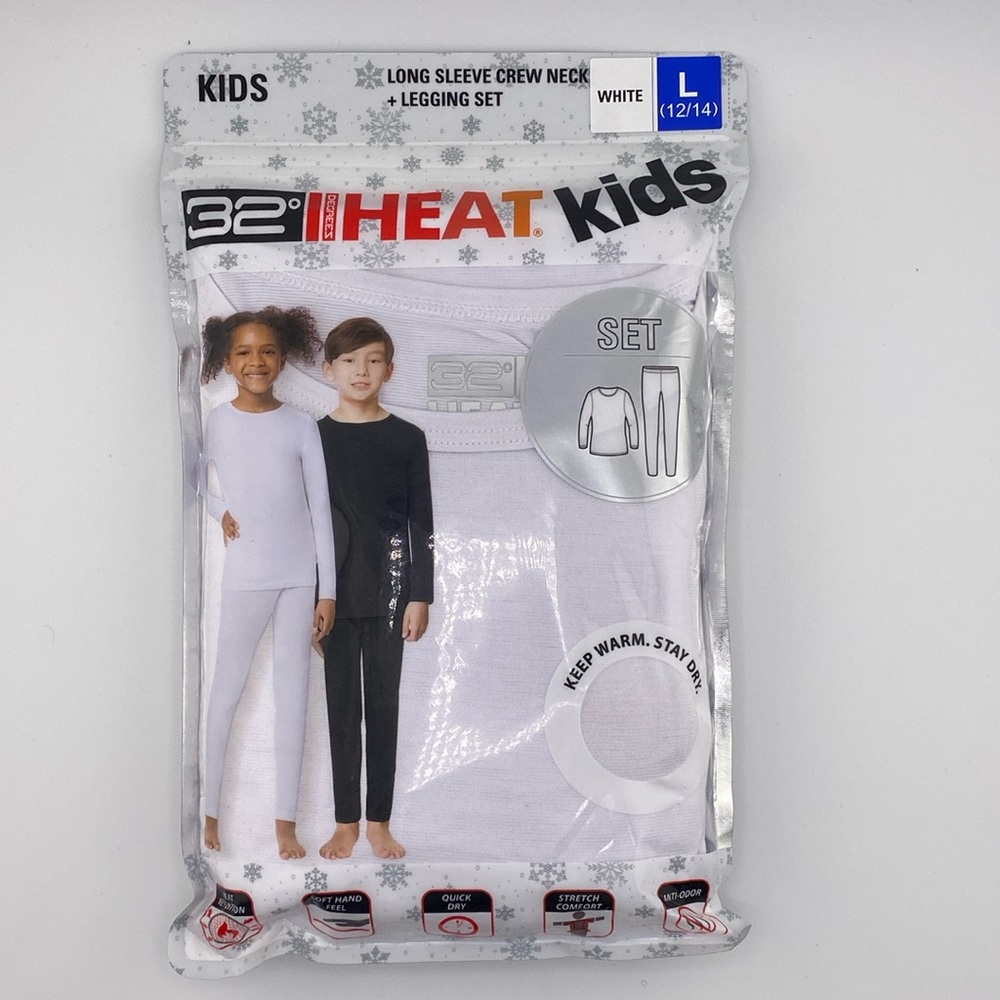 Kids 32 Degrees Heat LS Crew Neck Top & Legging Pant Base Layer Set L White
